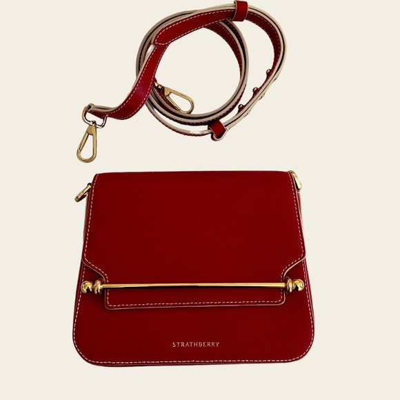 Strathberry Ace Mini Saffiano Leather Cherry-Vanilla Edge Stitch - Picture 1 of 4